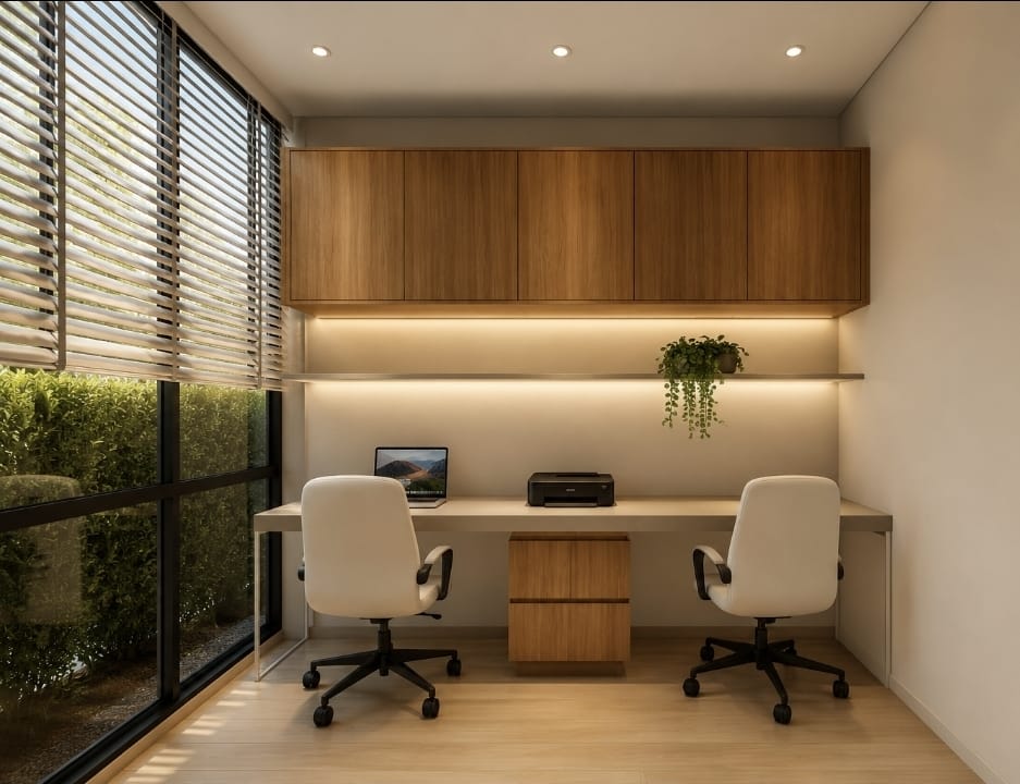 Home office para duas pessoas com marcenaria em madeira e iluminação embutida.